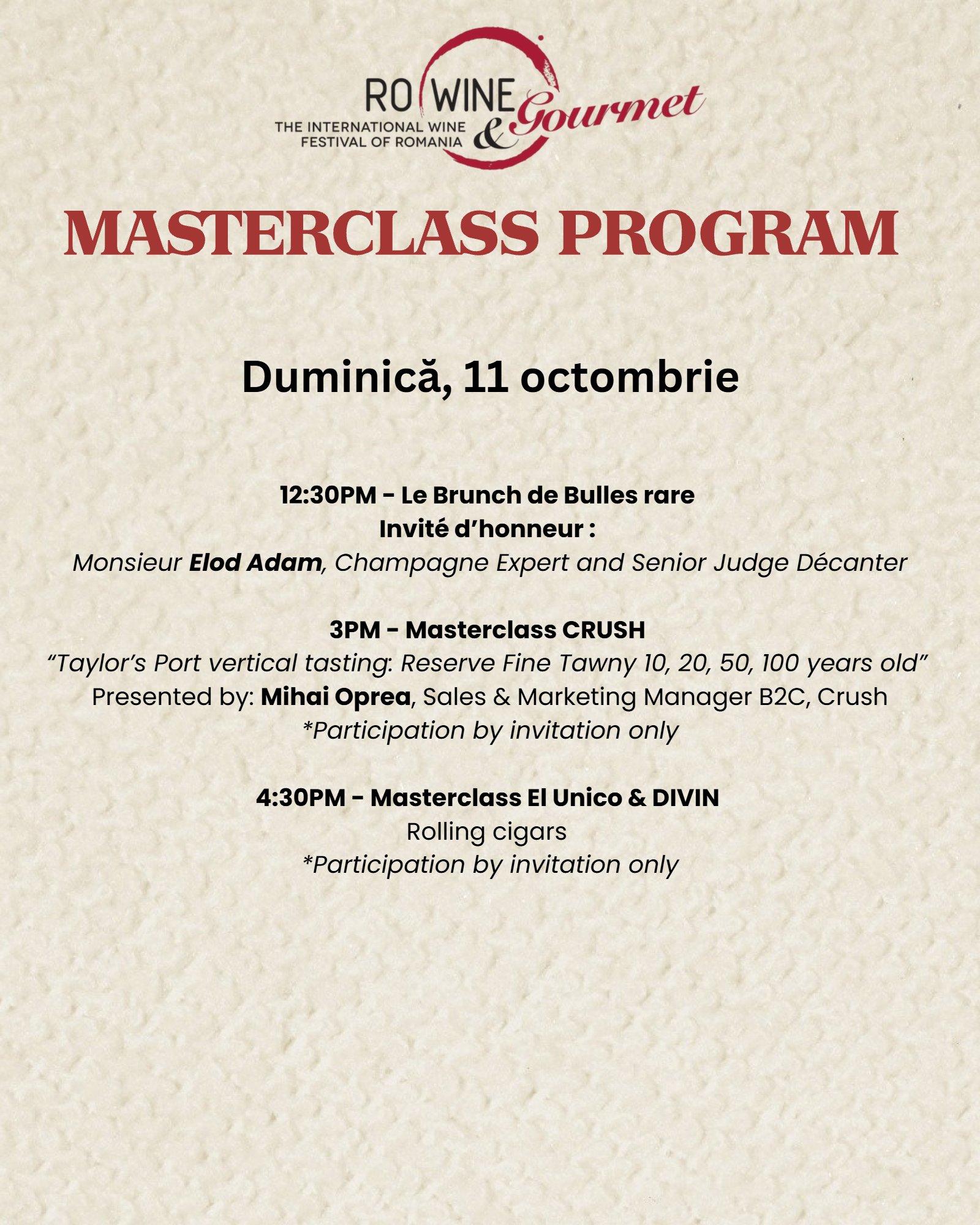 Masterclass Program RO-WINE Bucharest 2026 - Duminică, 11 octombrie