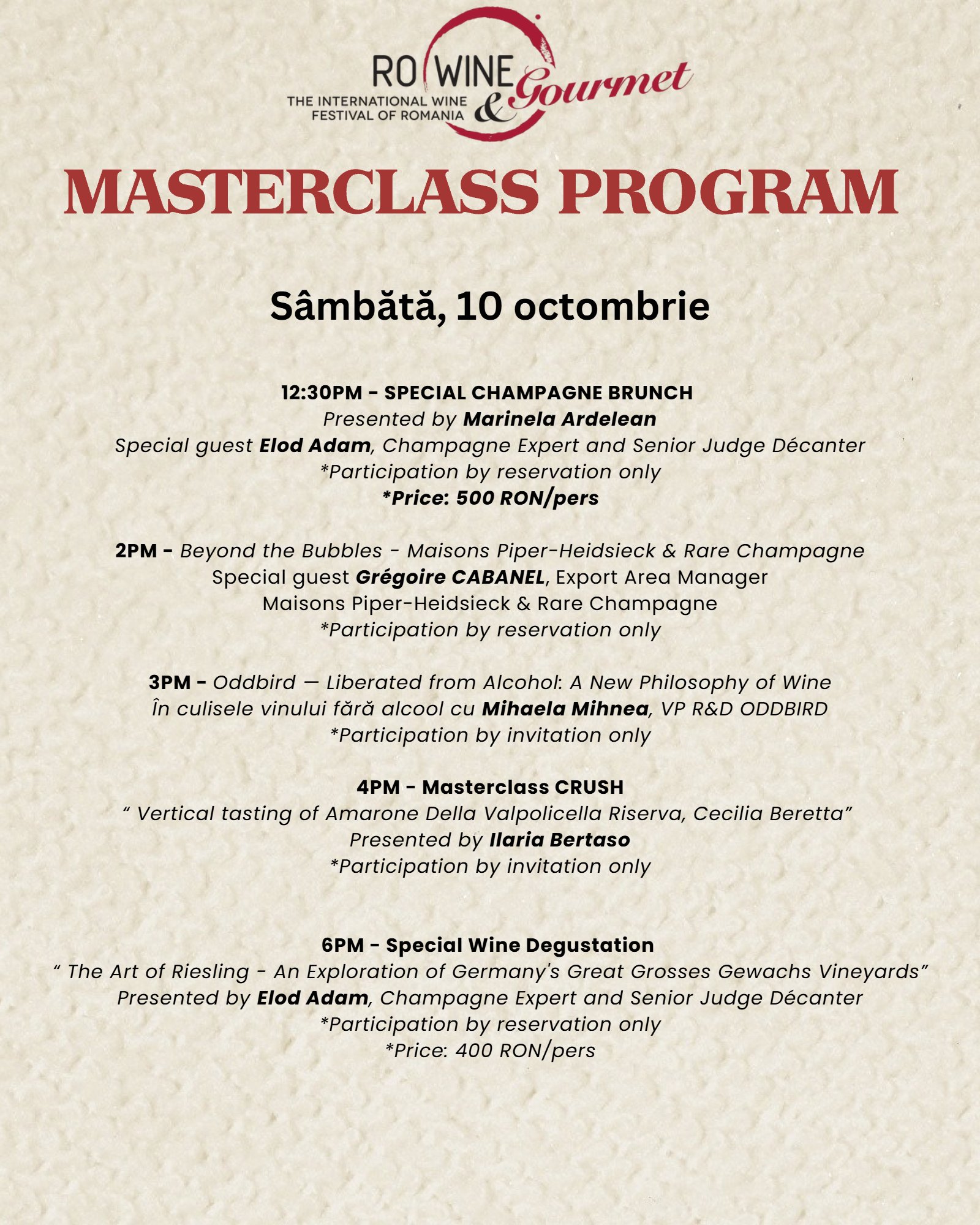 Masterclass Program RO-WINE Bucharest 2026 - Sâmbătă, 10 octombrie